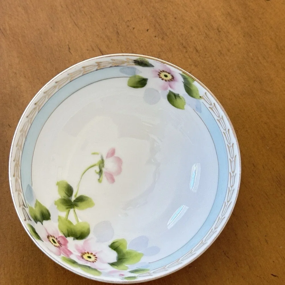 Antique Nippon Hand Painted Floral Footed Bowl w Ladle Berry Set 1900s Gold Trim